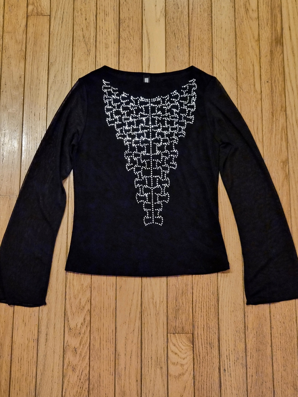 ​Team U.S.A. Y2K Black Rhinestone Mesh Sleeve Top Size S